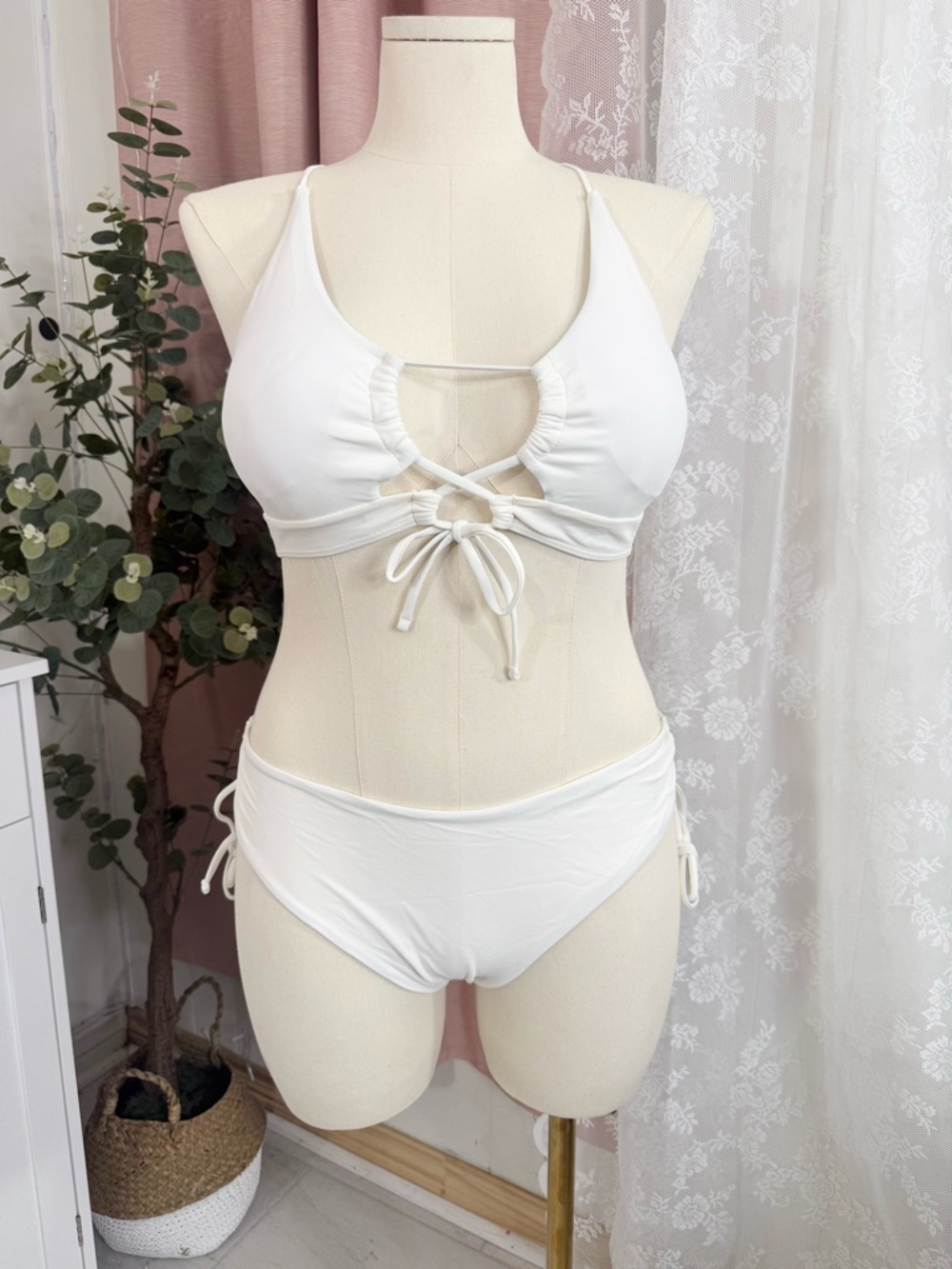 White Lace-Up Bikini with Side Tie Bottoms BIN#8